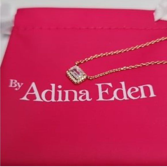 Adina Eden Pave Outlined Baguette Solitaire Necklace Gold Plated Sterling NWT - Picture 4 of 6